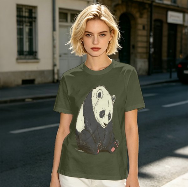 Olive T-shirt with Sad Sitting Panda Graphic Print