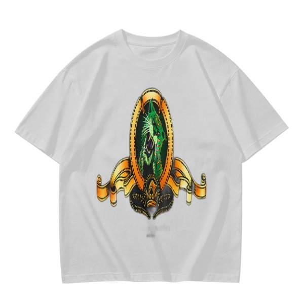 Olive Green T-Shirt With Ornate Golden Frame And Green Wolf Head Print