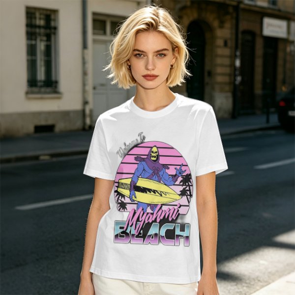 Welcome to Myahmi Beach Skeletor Surf Graphic T-Shirt