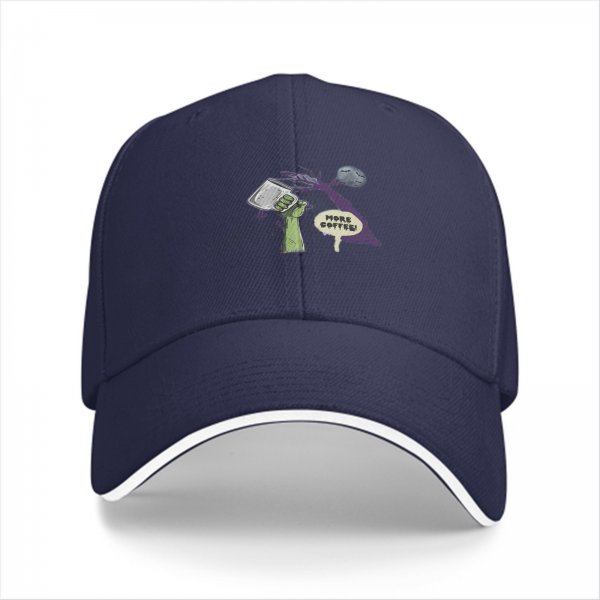 Black baseball cap with 'More Coffee!' monster graphic print