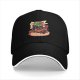 Black baseball cap with monster dinosaur eating pizza graphic