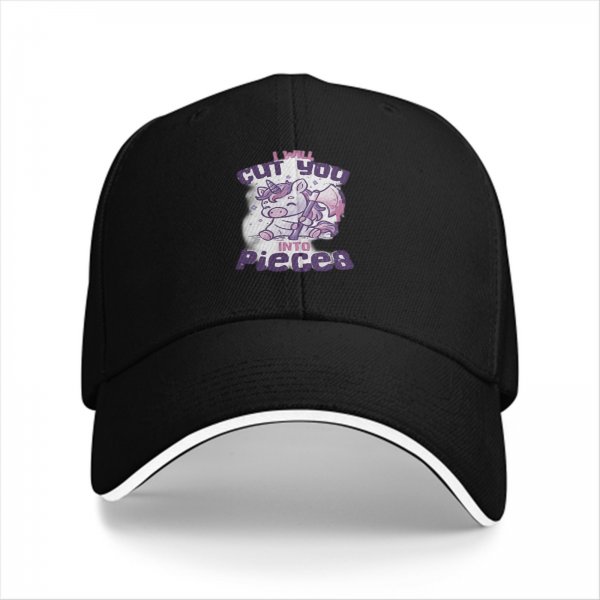 Black baseball cap with funny unicorn cut you into pieces graphic