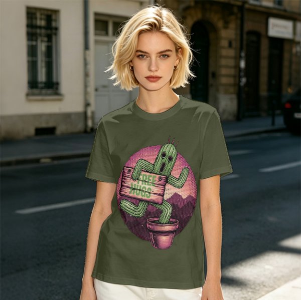 Olive T-shirt with Cartoon Cactus Free Hugs Desert Print