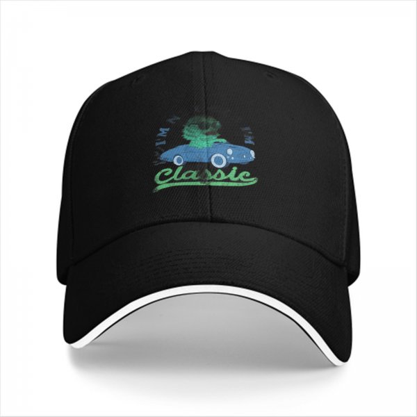 Black baseball cap with classic car and green character graphic