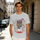 Olive green graphic t-shirt with a cartoon metal cat playing guitar