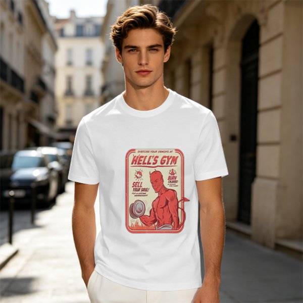 Olive T-shirt with Hell's Gym Devil Lifting Dumbbell Graphic