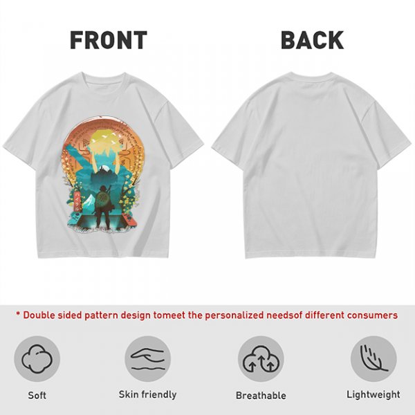 Olive Green T-Shirt With Fantasy Hero Silhouette Landscape Art