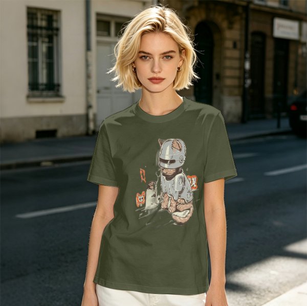 Olive Green T-Shirt With Cat In Robot Helmet Graphic Print
