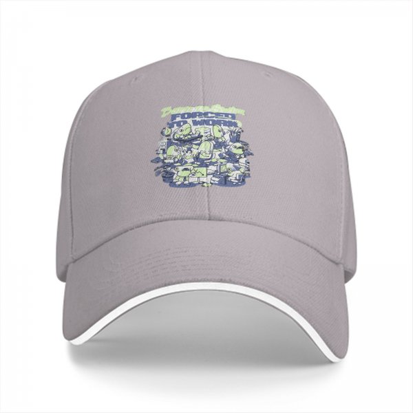 Black baseball cap with 'Forced to Work' office alien graphic