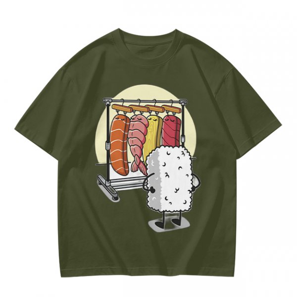 Olive T-Shirt With Funny Sushi Laundry Rack Graphic