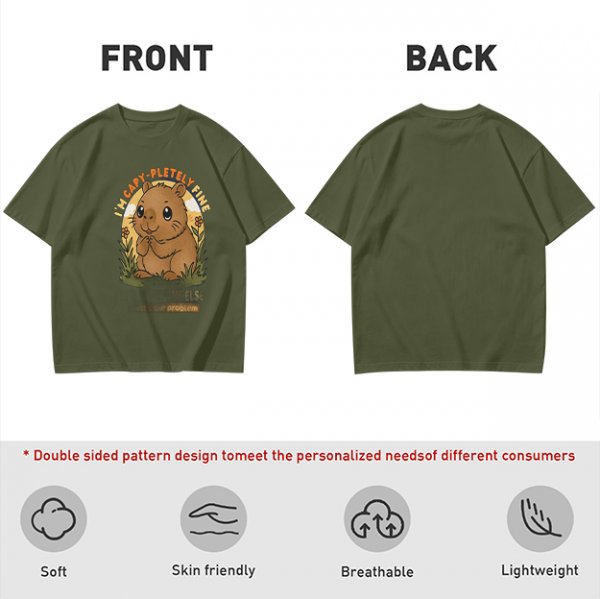 Olive t-shirt with cute capybara 'I'm capy-pletely fine' graphic