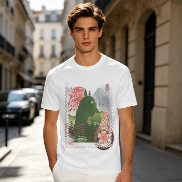 Olive T-Shirt with Totoro Cherry Blossom Stamp Art Print