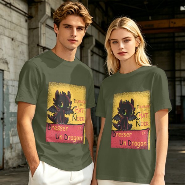 Olive t-shirt featuring Toothless dragon and Chat Noir themed text