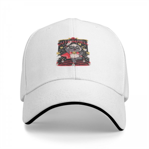 Black baseball cap with cute lamb holding sword 'Cute As Hell' graphic