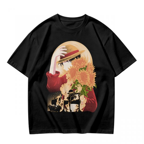 Olive anime graphic t-shirt with straw hat and sunflowers
