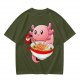Olive T-Shirt Featuring a Cute Pink Axolotl Eating Ramen