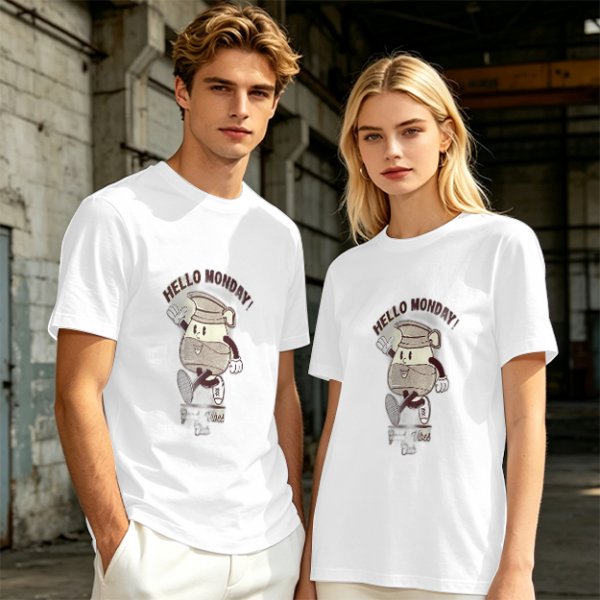 Olive Green T-Shirt with 'Hello Monday!' Coffee Character Graphic