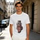 Olive t-shirt with a cartoon cat and coffee cup graphic