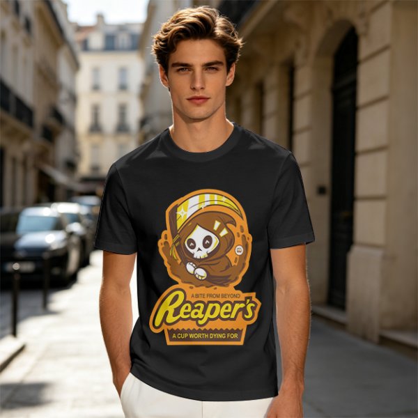 Olive green graphic t-shirt with cute reaper coffee themed print
