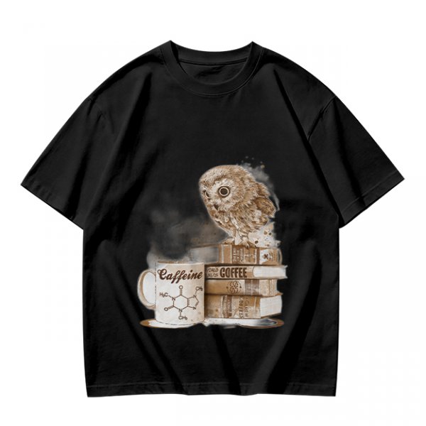 Owl on coffee books and caffeine mug graphic t-shirt