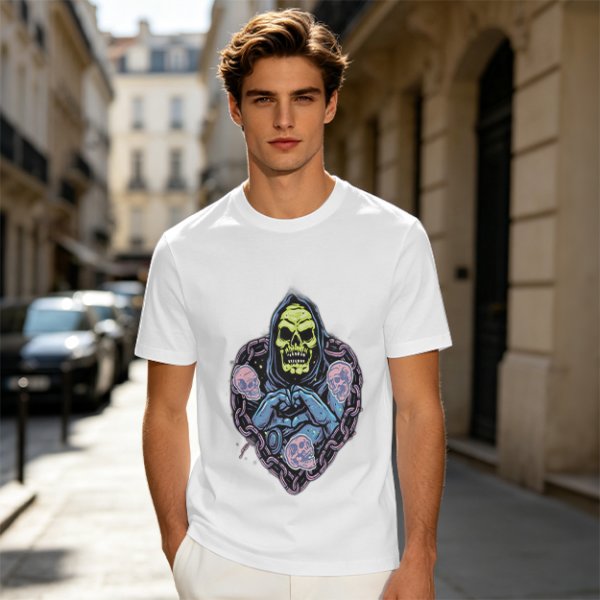 Olive T-Shirt With Grim Reaper Skull And Chain Heart Graphic