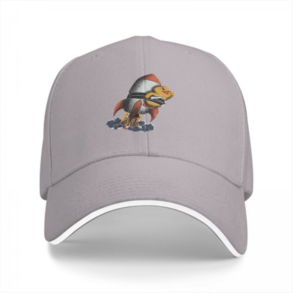 Black baseball cap with cartoon duck riding a rocket launch design