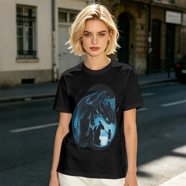 Olive T-shirt with How to Train Your Dragon Toothless and Hiccup Art