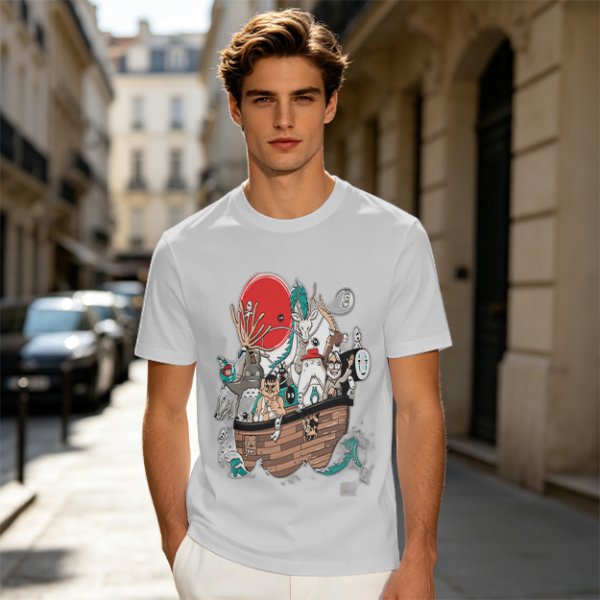 Studio Ghibli Characters Boat Graphic Olive T-Shirt