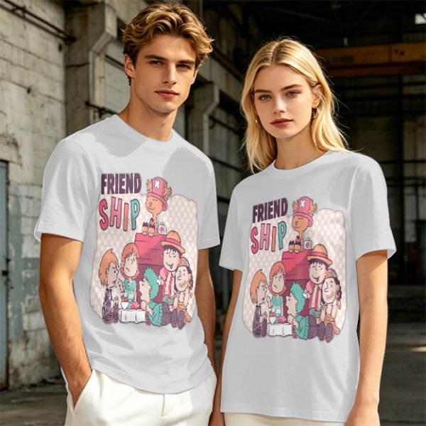 Olive T-Shirt with Friendship Themed Cartoon Crew Print