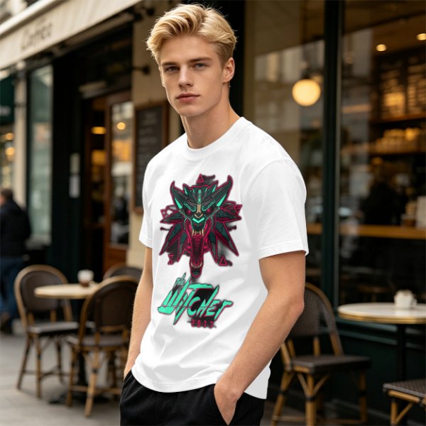 Olive T-Shirt With Cyberpunk Witcher Wolf Emblem Print