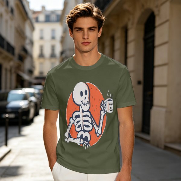 Olive Skeleton Holding Coffee Mug Graphic T-Shirt