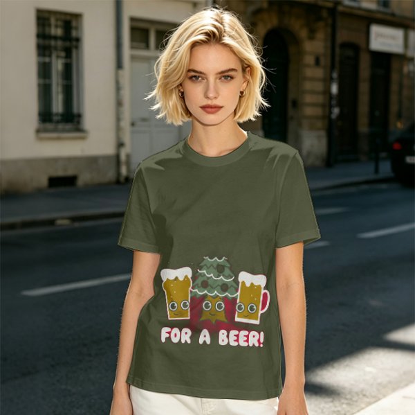 Olive green Christmas beer graphic t-shirt with 'FOR A BEER!' text