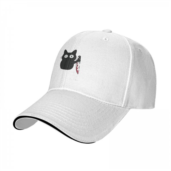 Black Baseball Cap With Cute Cat Holding Bloody Knife Print
