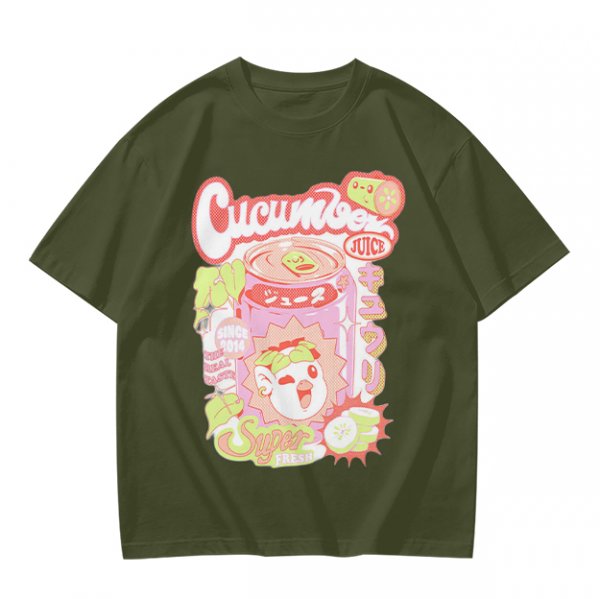 Olive green graphic t-shirt with cucumber juice themed print