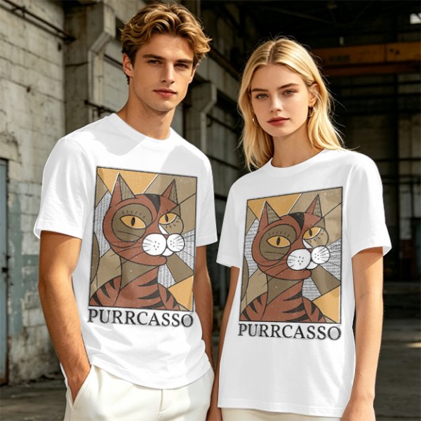 Olive green t-shirt with cubist style cat print and Purrcasso text
