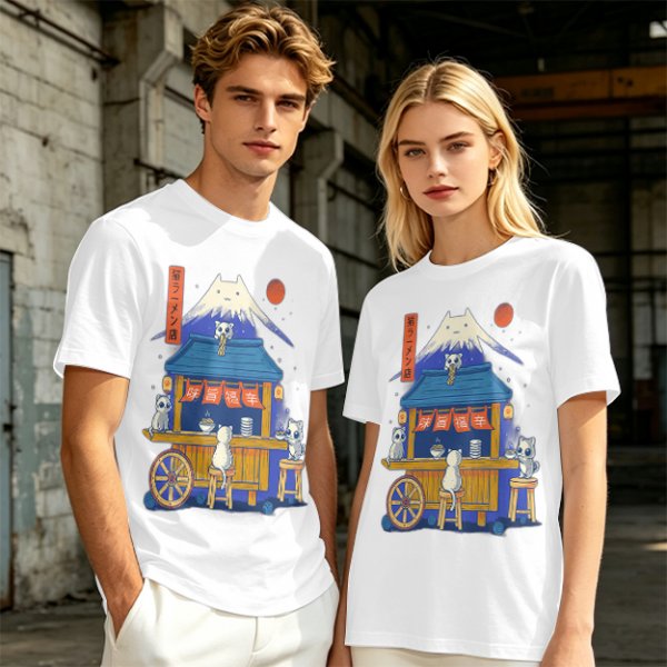 Olive t-shirt with cat ramen stall and Mount Fuji graphic