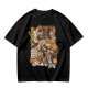 Olive green anime graphic t-shirt with monster and city scene