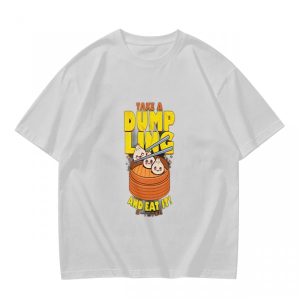 Olive green graphic t-shirt with dumpling pun and steamer illustration