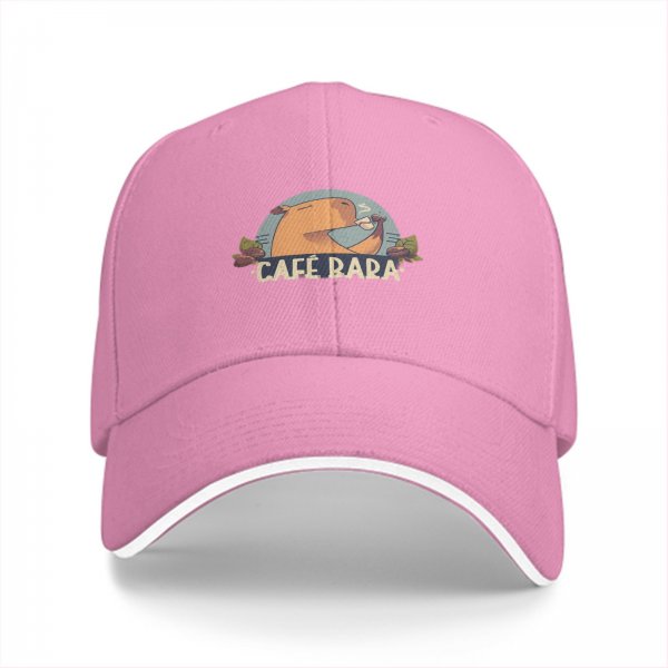 Black baseball cap with capybara drinking coffee 'CAFE BARA' print