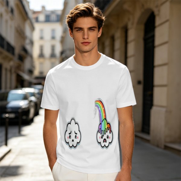 Oversized Olive T-Shirt With Sad Clouds And Rainbow Drip Graphic