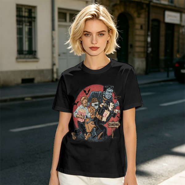 Olive T-Shirt with Classic Horror Monsters Going to Cinema Print