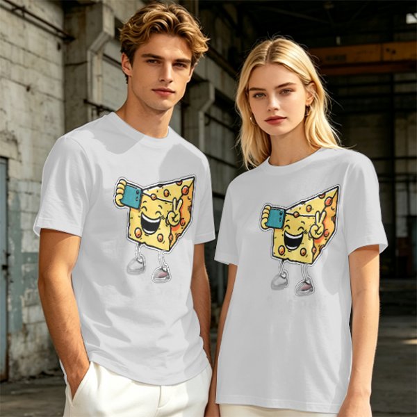 Olive T-shirt with a cartoon cheese taking a selfie and making a peace sign