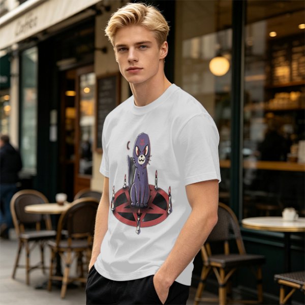 Olive T-Shirt With Purple Demon Cat On Pentagram And Candles