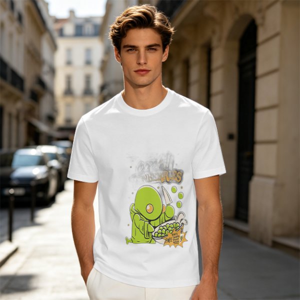 Olive Green T-Shirt With Cute Green Creature Preparing Peas Graphic