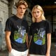 Olive T-shirt with Cartoon Boys Balancing on Log Over Stream