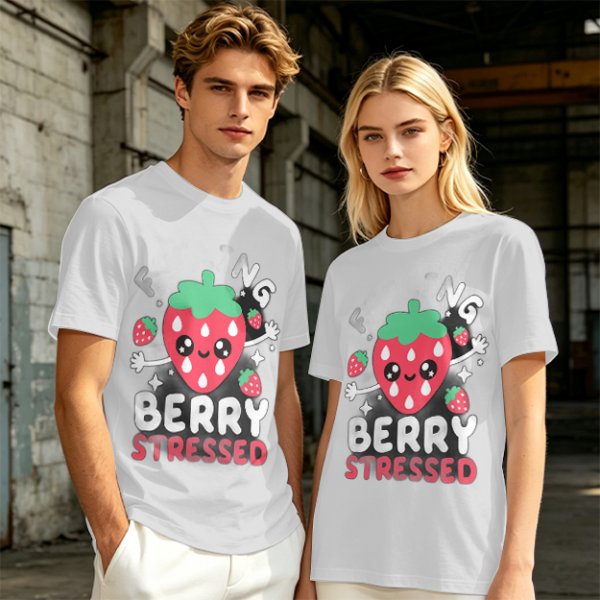 Olive graphic t-shirt with crying strawberry and 'berry stressed' text