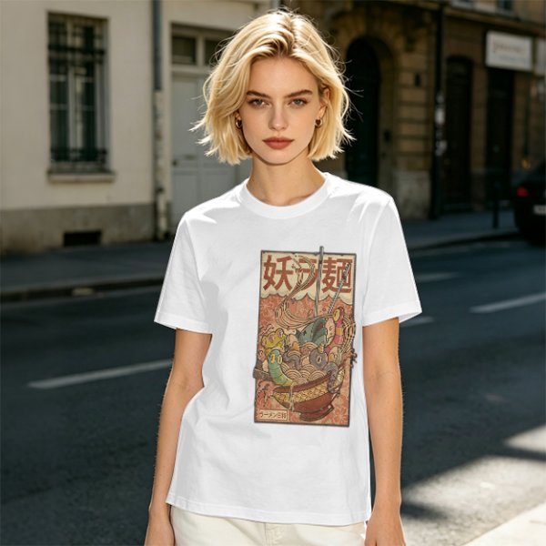 Olive T-shirt with Vintage Yokai Ramen Bowl Graphic Print