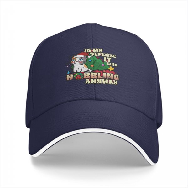 Black baseball cap with funny Christmas cat wobbling defense print