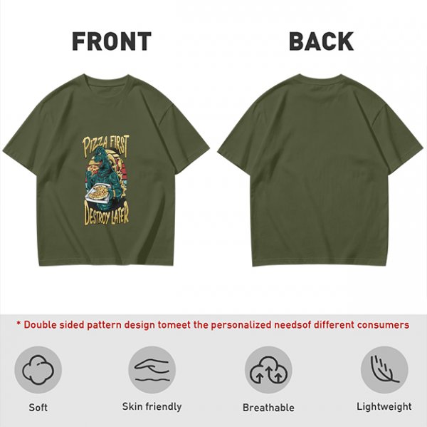 Olive T-Shirt with Godzilla Pizza First Destroy Later Print