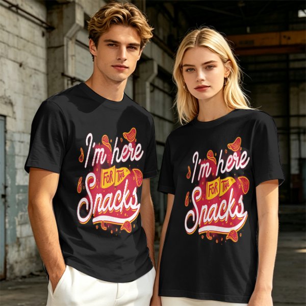 Olive green graphic tee with 'I'm here for the snacks' print